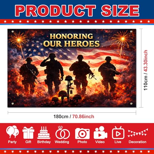 Image of BlissYard Patriotic Banner 71x43 Inches 4th of July Decorations Honoring Our Heroes Memorial Day Backdrop Veterans Day Banner American Flag Military Tribute Banner Patriotic Decorations for Indoor Outdoor Home Yard Party Supplies