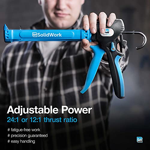 Solidwork Premium Caulking Gun With Adjustable 24:1 Or 12:1 Thrust Ratio | Premium Caulk Gun For Processing All 10Oz Sealant & Adhesive Cartridges Or Tubes | Drip-Free Silicone Gun | Blue #TOP1