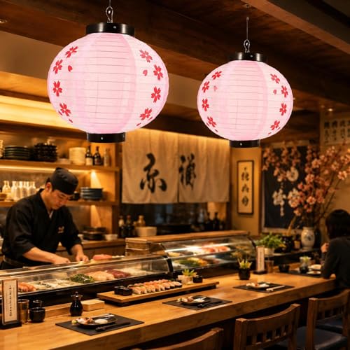 Image of LOGOFUN 2pcs Japanese Style Hanging Lantern Pink (30cm) | Paper Material; Cherry Blossom Pattern; For Sushi Restaurant Indoor Outdoor Decorations