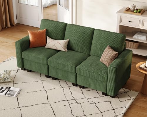 Image of CHIC HOUSE Modular Sectional Sofa with Storage Ottomans, Corduroy Cloud Couch for Small Spaces & Apartments, Reconfigurable L /U Shaped Convertible Corner Sofa, Beige, 5 Seater Sectional