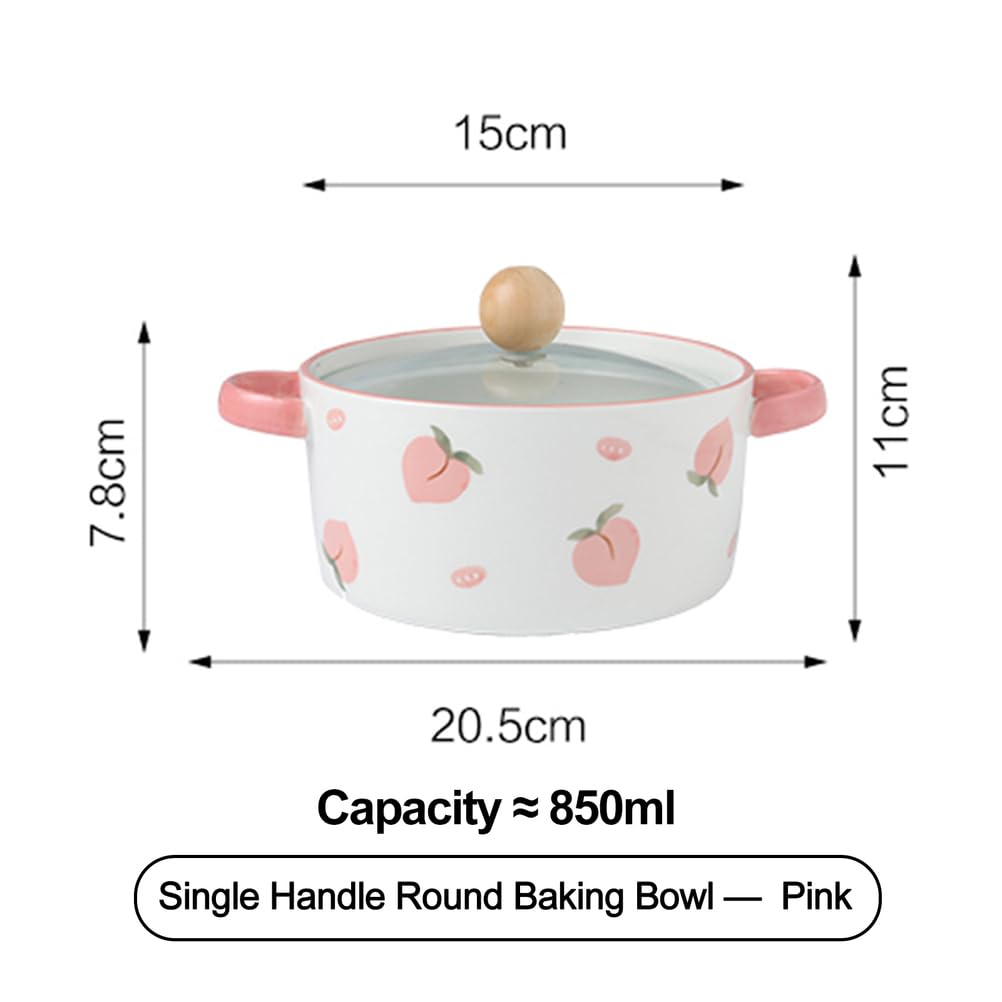 Dxcaicc Lasagne Dish Ceramics Round Creative Fresh Fruit Pattern Double-Handled with Lid Soup Pot on Birthday Wedding Parties Christmas New Year's Day,Pink