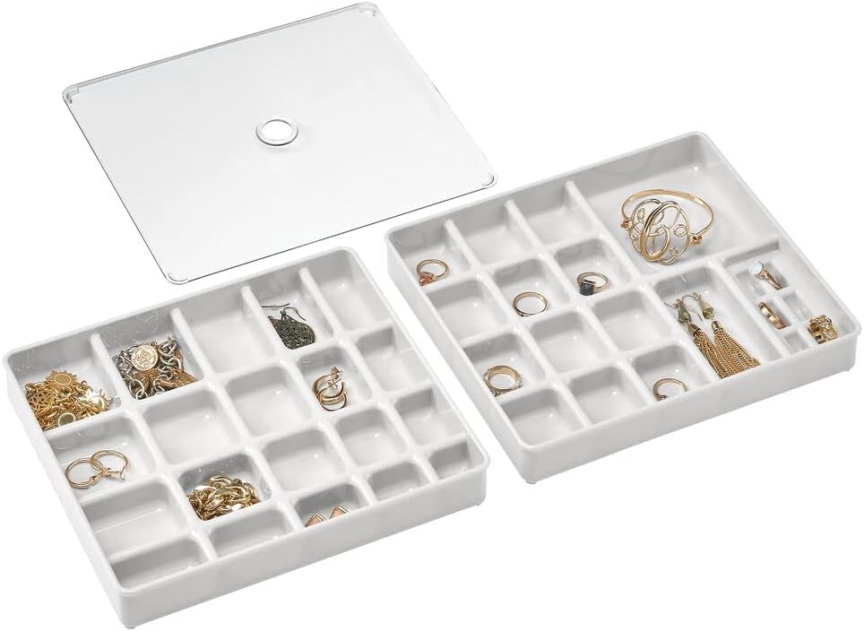 mDesign Stackable Plastic Storage Jewelry Box - 2 Organizer Trays with Lid for Drawer, Dresser, Vanity - Holds Necklaces, Bracelets, Bangles, Rings, Earrings - 3 Pieces - Light Gray/Clear