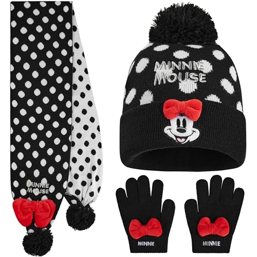 Disney Minnie Mouse Conjunto Bufanda y Gorro y Guantes Niña, Accesorios de Invierno, Diseño Divertido con Lazo y Lunare