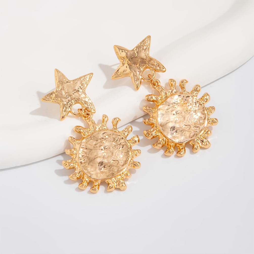 Unique Gold Sun Star Dangle Earrings for Women Punk, Vintage Silver Sunflower Statement Sunshine Drop Dangly Stars Stud Earring Jewelry Gift Accessories - Image 4