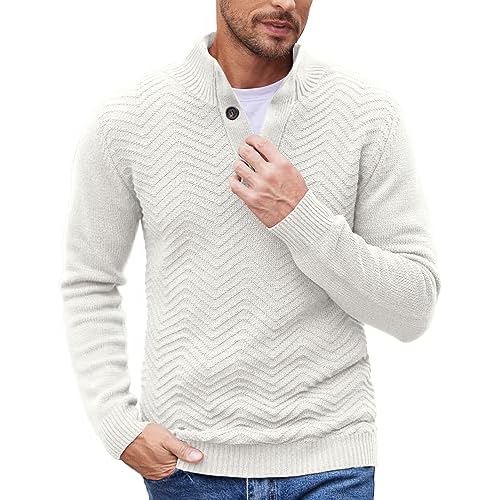 COOFANDY Men Quarter Button Sweater Pullover Cable Knit Henley Mock Neck Sweater