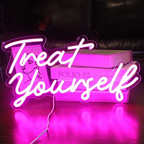 Image of Treat Yourslef Neon Signs Pink LED Letter Neon Light Sign USB Power for Wall Decor Bedroom Wall Birthday Party Christmas Wedding Decoration(16.5 * 8.7)