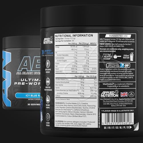 Applied Nutrition ABE Pre Workout - All Black Everything Pre Workout Powder, Energy & Physical Performance with Citrulline, Creatine, Beta Alanine (375g - 30 Servings) (ICY Blue Raz) - Image 3