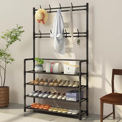 SKW 玄関シューズラック L字型 組み立て簡単 大容量 省スペース おしゃれ 靴棚 (ブラック, 幅80cm (4層))