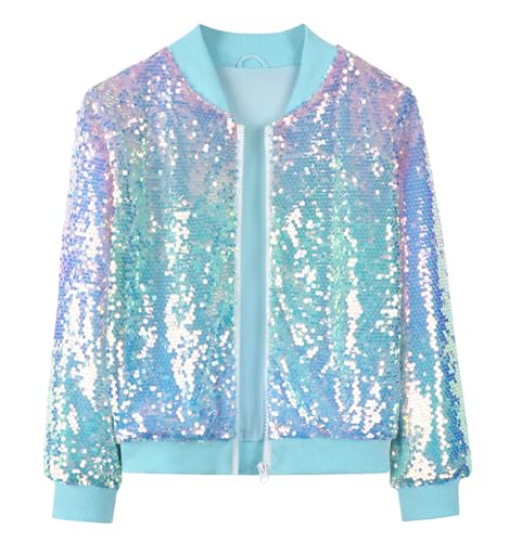 Image of NEAWEALY Girls Sequin Jackets Kids Glitter Bomber Jacket Sparkly Hip Hop Disco Party Outfits Blue 9-10 Years