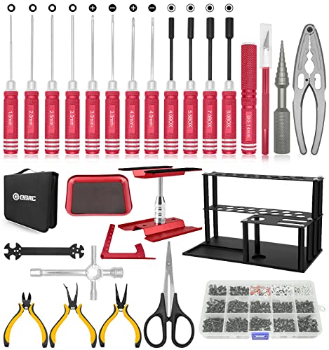 RC Tool Kit Screwdriver Set (Flat, Phillips, Hex) Metal Holder, RC Work Stand, 522PCS Screw Kit, Pliers Set, Body Reamer, Wrench, Tray, Repair Tool for RC Car Boat Quadcopter Helicopter -27pcs (Red)