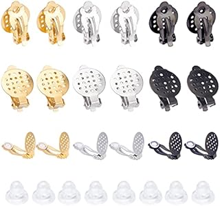 UNICRAFTALE 30pcs 3 Colors Flat Round Tray Clip-on Earring Findings 304 Stainless Steel Clip-on Components Non-Pierced Ear Hoops with Rubber for Earring Jewelry Making 22x15x8mm
