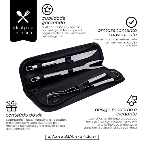 Mimo Style Jogo Para Churrasco 3 Pçs Fabricadas em Aço Inox e Maleta de Tecido, Inclui 1 Faca, 1 For