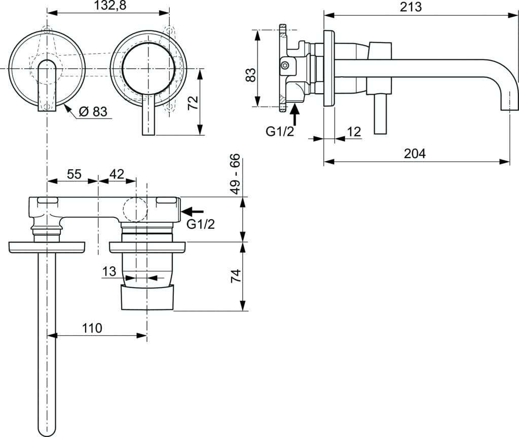 Ideal Standard A6938XG Ceraline ścienna bateria umywalkowa, montaż ścienny, armatura łazienkowa z wylewką, bateria mieszakowa, oszczędzająca wodę, czarna (Silk Black)