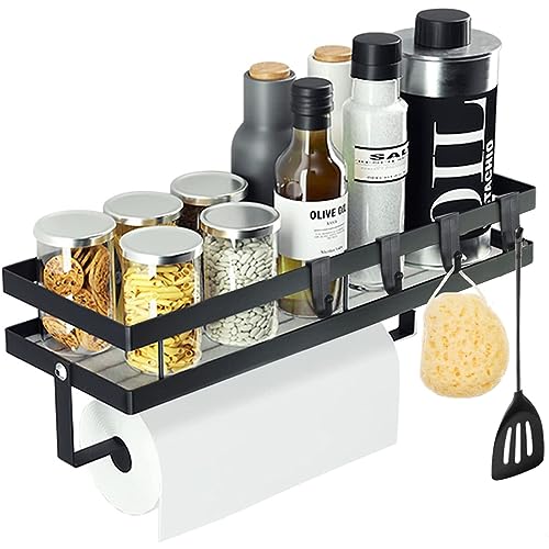 Spice Rack Wall Mounted, Kitchen Spice Organizer, Bathroom Shelf Kitchen Roll Holder and with 4 Detachable Hooks for Kitchen and Bathroom (black)