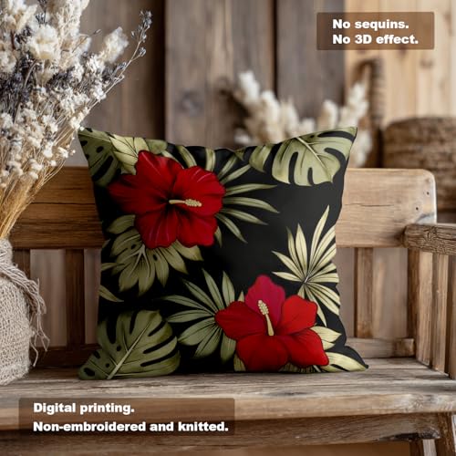 Housse de coussin fleurs hibiscus rouge coton premium de 45cm - 7