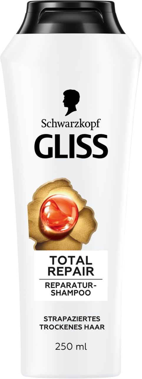 Gliss Szampon Total Repair (12 x 250 ml), szampon do włosów z płynną keratyną i nektarem kwiatowym, szampon pielęgnacyjny do suchych i uszkodzonych włosów, redukuje łamliwość włosów