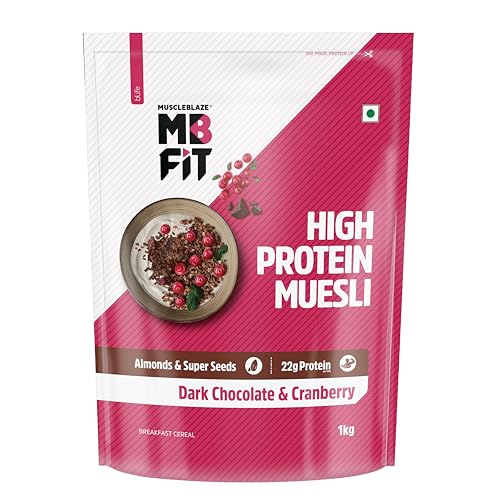 Image of MuscleBlaze Fit High Protein Muesli (1kg, Dark Chocolate & Cranberry) | 22g Protein | With Raisins, Almonds & Super Seeds,High Protein Breakfast Cereals