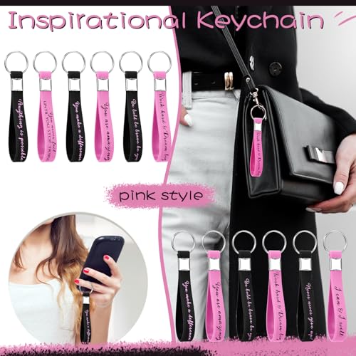 Image of Fumete 24 Pcs Inspirational Keychain Gift Employee Appreciation Gift for Women Motivational Key Rings Thank You Keychain(Black & Pink)