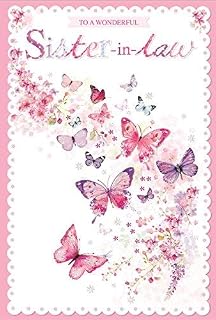 Greetings Sister-in-Law Birthday Card - Pink and Lilac Butterflies and Flowers 7.75x5.25