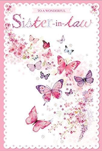 Greetings Sister-in-Law Birthday Card - Pink and Lilac Butterflies and Flowers 7.75x5.25