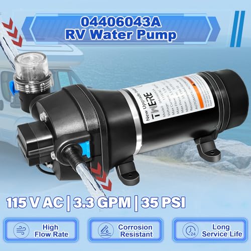 Image of 04406043A Water Pump,3.3GPM 115V 35PSI Diaphragm Water Pump With Strainer and Pressure Switch for RV Yacht Marine Caravan