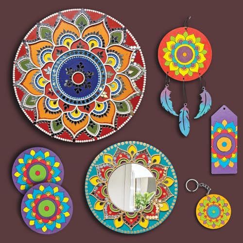 Image of iCraft Mindful Mandala Art Kit for Adults & Teens - 6 DIY Projects, 12 inch Canvas, Mirror, Coasters & More - Therapeutic Craft Gift, Multicolor
