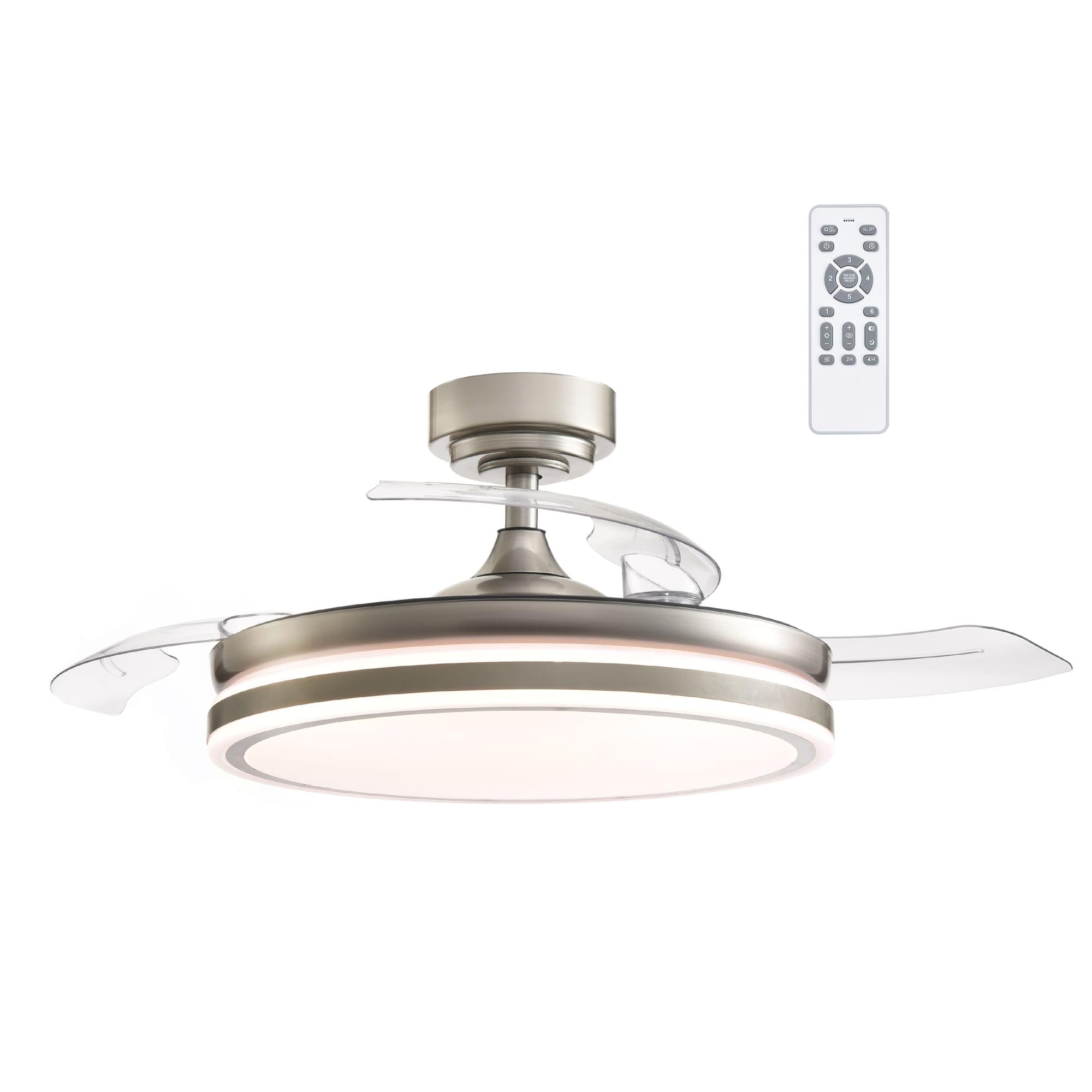 Wentylator sufitowy ILSA LED z wysuwanymi łopatkami, Cichy silnik prądu stałego, 3 CCT ściemnialny 45W, Nikiel
