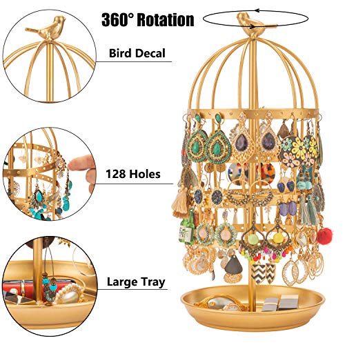 4 Tier Earring Stand Rotating Earring Holder Gold Earring Organizer Rack Hanger Bird Cage Jewelry Display Stand Holder Organizer Tower with Tray/Dish for Earrings Bracelet Rings 128 Holes (Gold)
