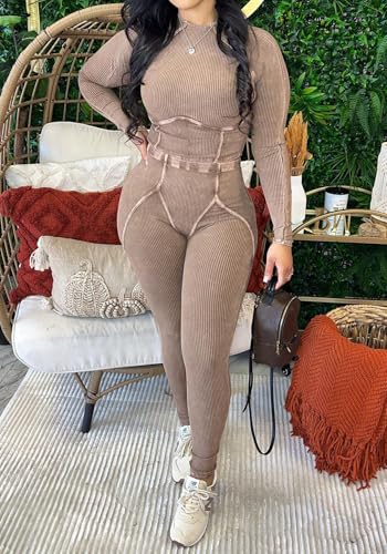 Ecirod Workout 2 Piece Sets for Women Ribbed Crewneck Long Sleeve Crop Tops High Wasited Tummy Control Leggings Set3