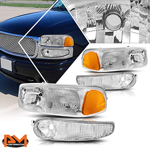 [4Pcs-Set] Headlight+Signal Lamp Assembly Compatible with 01-07 GMC Sierra Yukon Denali,Chrome Housing Amber Corner