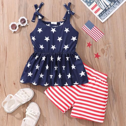 Image of Toddler Girls Clothes Summer Short Set Outfit Tie Knot Shoulder Sleeveless Ruffle Tops and Shorts 2PC Clothing Set