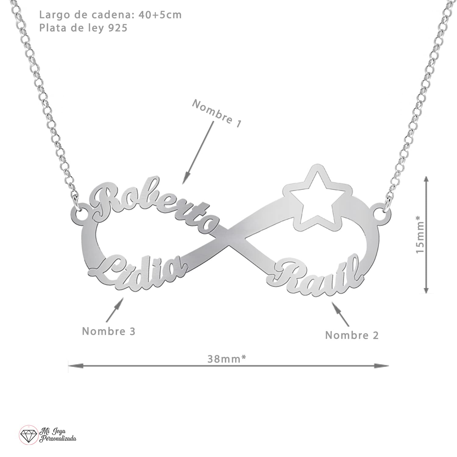 Collar Infinito Mujer Plata de Ley con Estrella personalizado con hasta 3 nombres Regalo para Novia, Madre, Abuela o Día de Enamorados o Navidad