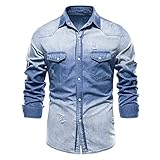 LONGBIDA Mens Denim Shirt Button Down Long Sleeve Casual Slim Fit Shirts(Light Blue,2XL)