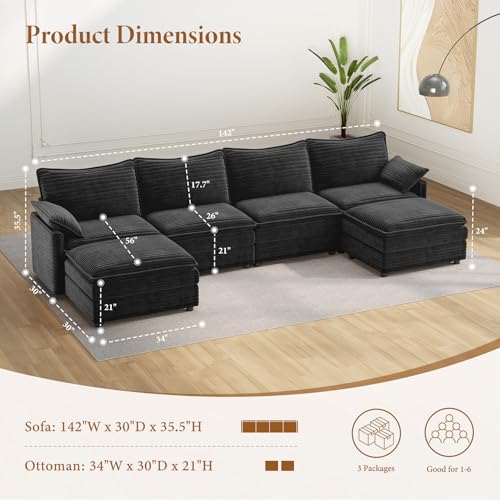 Image of Vesgantti 142 inch U Shaped Sectional Couch, Comfy Cloud Modular Sectional Sofa with 2 Ottoman Deep Seat Corduroy Modern Cloud Sofa, Modular Sofas for Living Room, Bedroom and Apartment, Gray