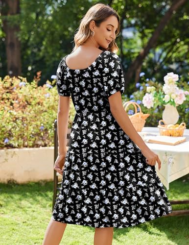 Image of Zeagoo Women's Summer Dress Casual Puff Sleeve Square Neck Midi Dresses Tiered Beach Vacation A-Line Sundress with Pockets