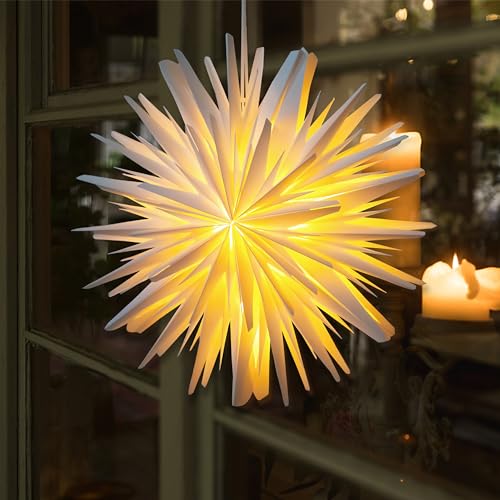 Image of 3D LED Star Paper Lantern - Christmas Decorations Indoor, Twinkle Fairy Lights Window Decor, Holiday Party Hanging Lighted Stars Ornaments, 23.5 inch O White