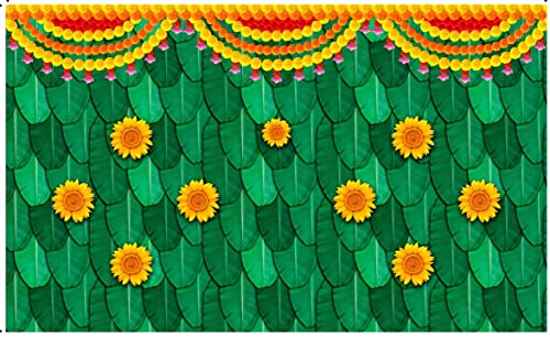 Image of varalakshmi Pooja Backdrop| Banana Leaf with Marigold Flower Decoration Cloth Wedding etc Events Decoration 8 X 5 Feet | Banana Leaf Backdrop Decorations Cloth | Backdrop Cloth for decorationss Pooja