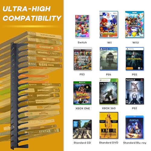Image of Funturbo Video Game Storage Wall Mount Game Case Holder, Metal Wall Mounted Media Storage Shelves for PS, Xbox, Switch Game Organizer (8-Pack)