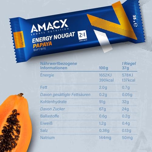 AMACX Energieriegel Nougat-Fruchtriegel – Healthy Snacks für Ausdauersportler – Energy 12er Pack – Fitness Riegel mit Glukose und Fruktose – Power Bar mit 32g Kohlenhydrate – Papaya