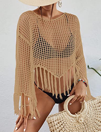 Bsubseach 2025 Beach Cover Up for Women Fringe Crochet Top Summer Bikini Coverups Long Sleeve Hollow Out Swimsuit Coverup3
