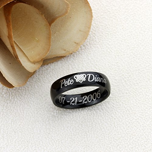 Personalized Outside Inside Engraving Titanium Wedding Band Ring 6mm Black Polished Domed Ring2