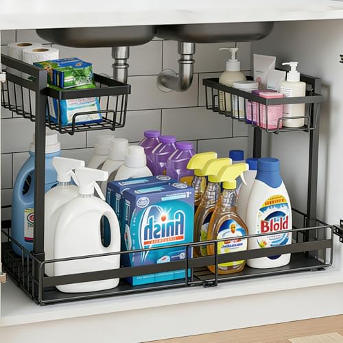 Under Sink Organizer, 1 Pack 2-Tier Expandable Pull Out Storage with Ball-Bearing Slides, Height Adjustable for Kitchen Bathroom Cabinet, Black