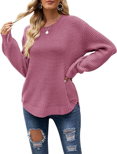 Image of MEROKEETY Women's Fall Long Sleeve Waffle Knit Oversized Sweater | Fall Fashion, Crew Neck, Tunic, Dressy Casual, Trendy, Cute, Pullover Tops, Long Lantern Sleeves, Loose Fit, Drop Shoulder