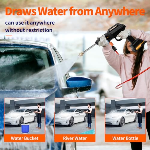 21V Handheld Washer Kit 1500W Cordless Pressure Washer, Cordless Power Washer with 2 Nozzle, 16.5ft Hose, 2 Batteries, with Bucket High Pressure Washers for Car Floor Gardening Cleaning - Image 8