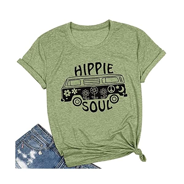 Hippie-Soul-T-Shirt-Womens-Graphic-Tee-Vintage-Shirt-Hippy-Gifts-Tops-Short-Sleeve-Clothing BLANCHES Women Summer Tops 2023 Vintage Graphic Tee Hippy Soul Tops Crew Neck Short Sleeve Casual Tees Green