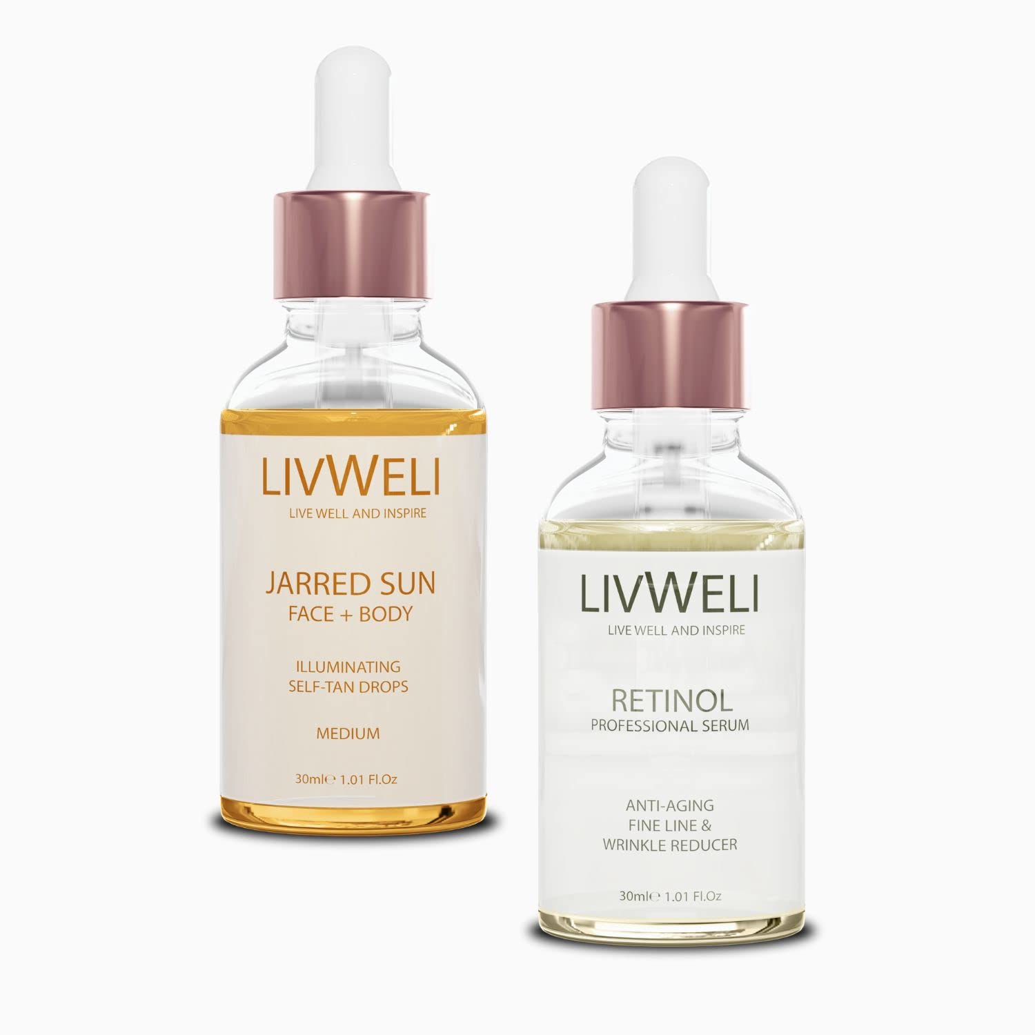 Livweli Tanning Drops and Retinol Serum Anti aging golden