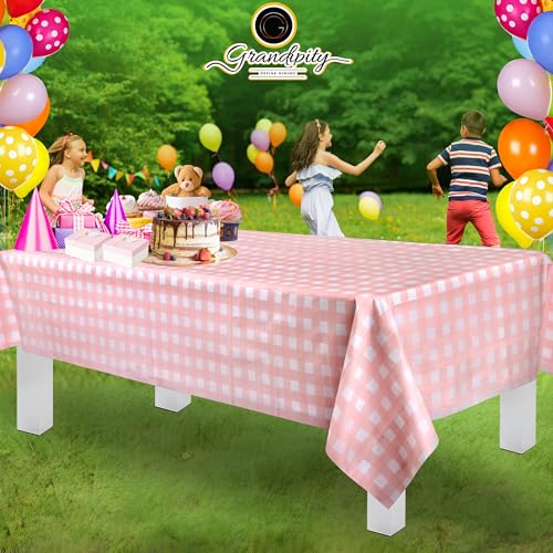 Image of Grandipity Plastic Table Cloth Disposable 12 Pack 54 inch x 108 inch Rectangle | Pink Gingham Plastic table covers, durable disposable tablecloths, fade and tear-resistent table cover for party, event