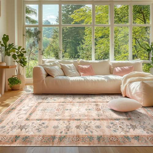 jinchan Area Rug 6x9 Washable Rug, Vintage Floral Living Room Carpet Non Slip Home Decor Rugs, Low-Pile Carpet for Bathroom Entrance Bedroom Office Farmhouse and Dining Table (Dusty Pink)