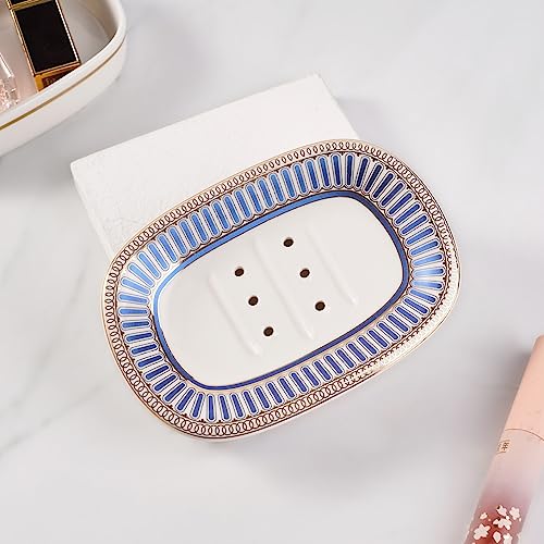 Self Draining Soap Dish, Double-layer Bar Soap Tray, White Ceramic Soap Dish with Elegant Patterns (Style A) - Image 3