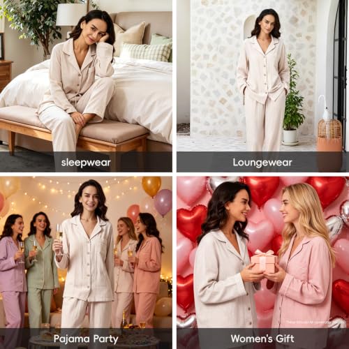 Image of BESTOUCH Womens Pajama Sets: 100% Cotton Muslin Linen Feel | Button Soft Comfy Breathable Classic Sleep Pjs 2 Piece